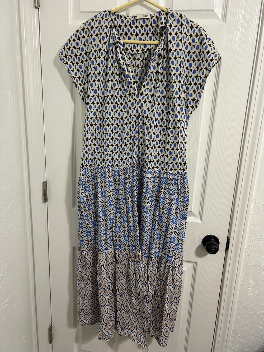 Zara Blue, White and Tan Geometric Tiered Maxi Dress